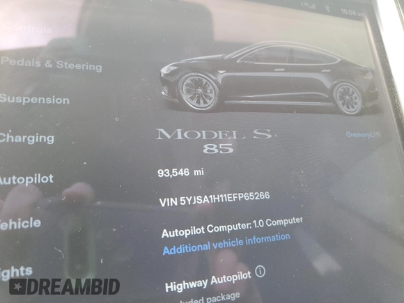 2014 Tesla Model S 60 with VIN 5YJSA1H11EFP65266, listed as a Copart auction lot 60934805 with 93,546 mi miles and Salvage title. Bid and sale history available at DreamBid. Image 9.