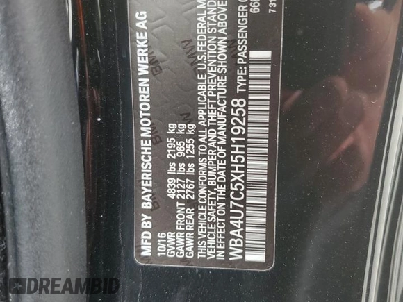 2017 BMW 4 Series 430i with VIN WBA4U7C5XH5H19258, listed as a Copart auction lot 62424475 with 70,965 mi miles and Clean title. Bid and sale history available at DreamBid. Image 13.