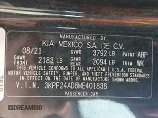 2021 Kia Forte LXS with VIN 3KPF24AD8ME401838, listed as a Copart auction lot 55129195 with 123,247 mi miles and Salvage title. Bid and sale history available at DreamBid. Image 13.
