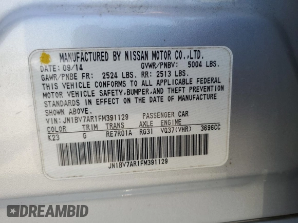 2015 Infiniti Q50 with VIN JN1BV7AR1FM391129, listed as a Copart auction lot 55142665 with 200,444 mi miles and Salvage title. Bid and sale history available at DreamBid. Image 12.