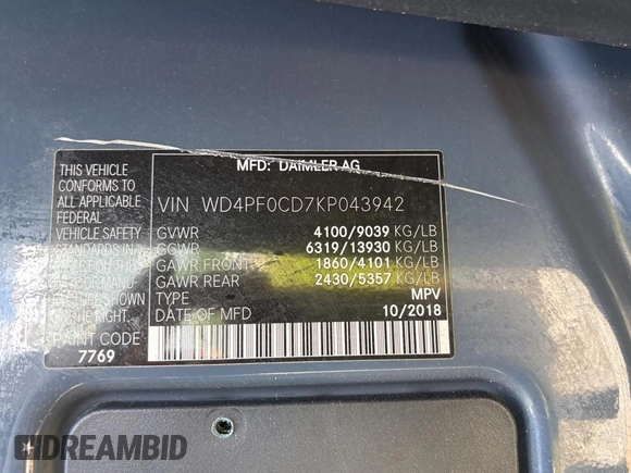 2019 Mercedes-Benz Sprinter Cargo with VIN WD4PF0CD7KP043942, listed as a Copart auction lot 54968745 with 141,118 mi miles and Clean Title. Bid and sale history available at carsss.com. Image 10.