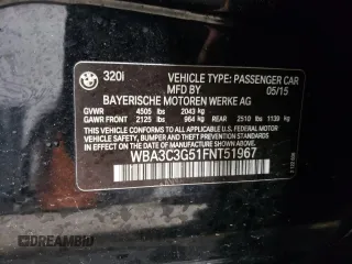 2015 BMW 3 Series 320i xDrive with VIN WBA3C3G51FNT51967, listed as a Copart auction lot 51672295 with 93,198 mi miles and Salvage Title. Bid and sale history available at carsss.com. Image 14.