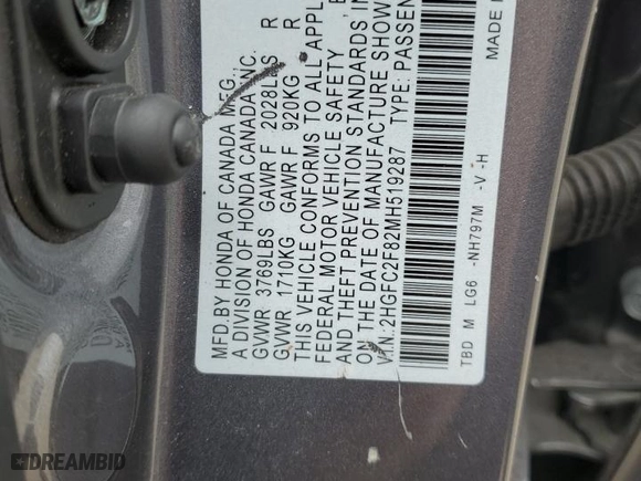 2021 Honda Civic Sedan Sport with VIN 2HGFC2F82MH519287, listed as a Copart auction lot 49344375 with 49,652 mi miles and Salvage Title. Bid and sale history available at carsss.com. Image 13.