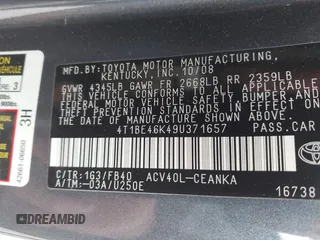 2009 Toyota Camry with VIN 4T1BE46K49U371657, listed as a IAAI auction lot 41889563 with 143,131 mi miles and . Bid and sale history available at carsss.com. Image 9.