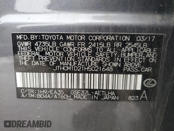 2017 Lexus IS 300 with VIN JTHCM1D21H5021648, listed as a Copart auction lot 51673075 with 117,235 mi miles and Clean title. Bid and sale history available at DreamBid. Image 12.