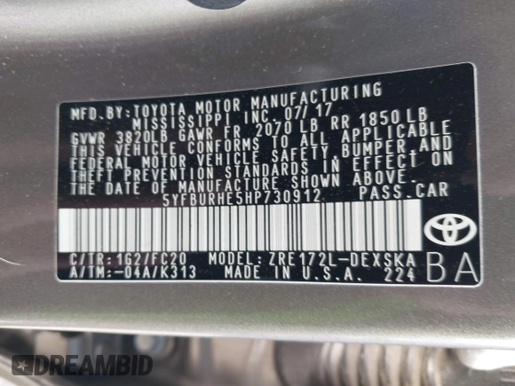 2017 Toyota Corolla L z VIN 5YFBURHE5HP730912, wystawiony jako IAAI lot #41610019 z przebiegiem 61 440 mil mil oraz . Historia ofert i sprzedaży dostępna na DreamBid. Obrazek 9.