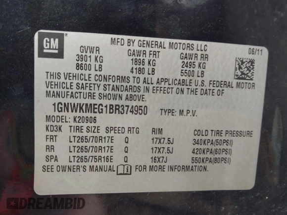 2011 Chevrolet Suburban with VIN 1GNWKMEG1BR374950, listed as a IAAI auction lot 42781182 with 304,690 mi miles and . Bid and sale history available at DreamBid. Image 9.
