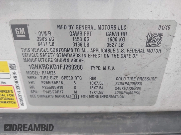 2015 Chevrolet Traverse LT with VIN 1GNKRGKD1FJ260280, listed as a IAAI auction lot 42655028 with 165,193 mi miles and . Bid and sale history available at DreamBid. Image 9.
