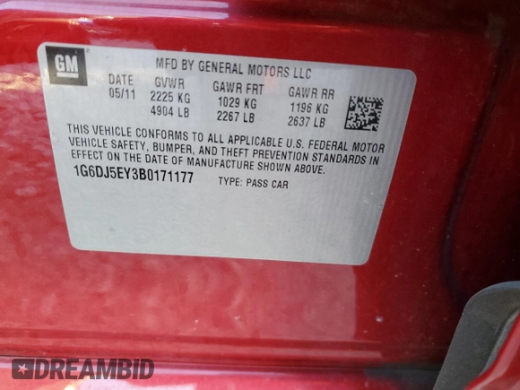 2011 Cadillac CTS Performance with VIN 1G6DJ5EY3B0171177, listed as a Copart auction lot 83899484 with 87,245 mi miles and Salvage Title. Bid and sale history available at carsss.com. Image 12.