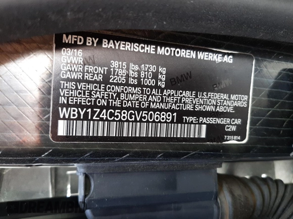2016 BMW i3 with VIN WBY1Z4C58GV506891, listed as a Copart auction lot 72815882 with 58,103 mi miles. Bid and sale history available at carsss.com. Image 14.