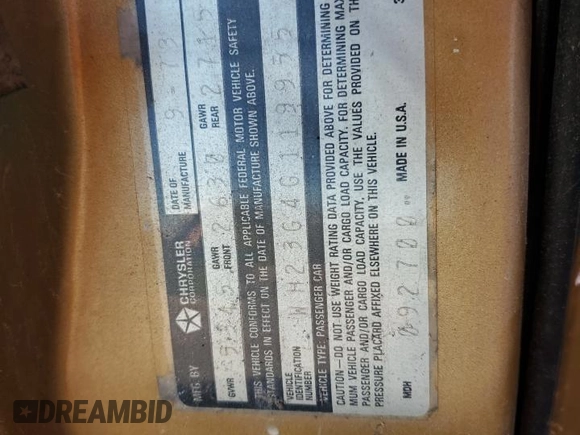1974 Dodge Charger z VIN WH23G4G119455, wystawiony jako Copart lot #57183165 z przebiegiem 79 597 mil mil oraz Szkoda całkowita • Salvage title. Historia ofert i sprzedaży dostępna na DreamBid. Obrazek 12.