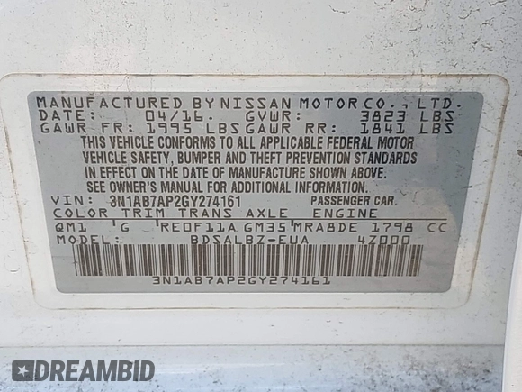 2016 Nissan Sentra SV with VIN 3N1AB7AP2GY274161, listed as a IAAI auction lot 42010823 with 117,167 mi miles and . Bid and sale history available at DreamBid. Image 9.