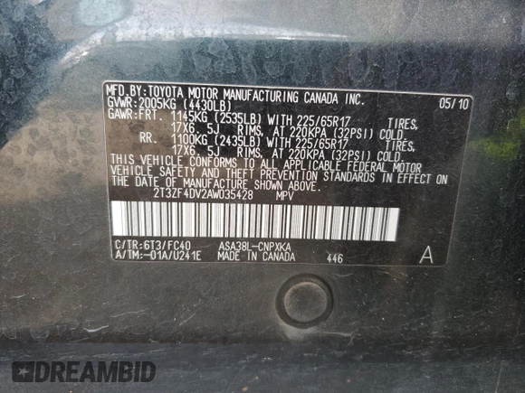 2010 Toyota RAV4 z VIN 2T3ZF4DV2AW035428, wystawiony jako Copart lot #43456965 z przebiegiem 154 001 mil mil oraz Szkoda całkowita • Salvage title. Historia ofert i sprzedaży dostępna na DreamBid. Obrazek 13.
