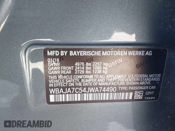 2018 BMW 5 Series 530i xDrive with VIN WBAJA7C54JWA74490, listed as a IAAI auction lot 41986285 with 68,768 mi miles and . Bid and sale history available at DreamBid. Image 9.