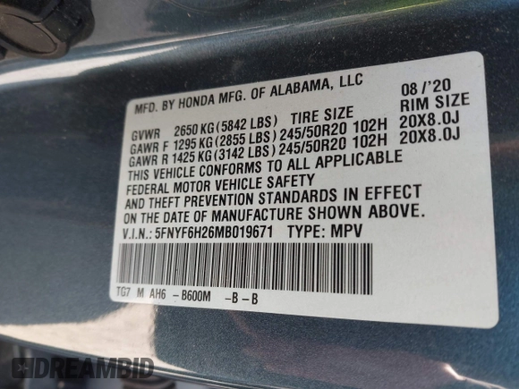 2021 Honda Pilot Special Edition with VIN 5FNYF6H26MB019671, listed as a IAAI auction lot 41551955 with 53,783 mi miles and . Bid and sale history available at DreamBid. Image 9.