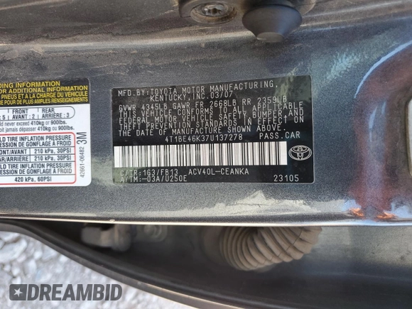 2007 Toyota Camry CE with VIN 4T1BE46K37U137278, listed as a Copart auction lot 51958735 with 200,121 mi miles and Salvage Title. Bid and sale history available at carsss.com. Image 12.