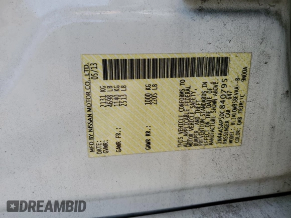 2013 Nissan Maxima S with VIN 1N4AA5AP5DC840795, listed as a Copart auction lot 57712115 with 187,516 mi miles and Salvage title. Bid and sale history available at DreamBid. Image 12.