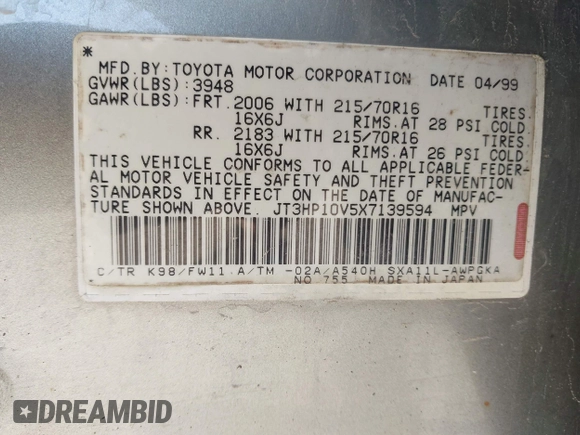 1999 Toyota RAV4 with VIN JT3HP10V5X7139594, listed as a IAAI auction lot 42029970 with 199,204 mi miles and . Bid and sale history available at DreamBid. Image 9.