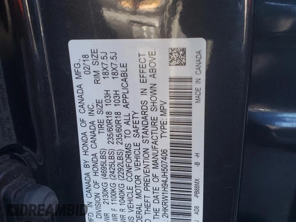 2018 Honda CR-V Touring with VIN 2HKRW1H94JH507406, listed as a Copart auction lot 86980214 with 76,527 mi miles and Salvage Title. Bid and sale history available at DreamBid. Image 16.