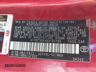 2011 Toyota Camry LE with VIN 4T1BF3EK4BU193196, listed as a IAAI auction lot 41876543 with 213,105 mi miles. Bid and sale history available at carsss.com. Image 9.