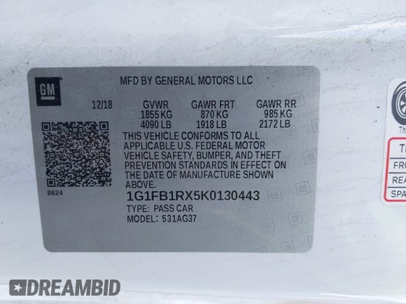 2019 Chevrolet Camaro 1LS with VIN 1G1FB1RX5K0130443, listed as a IAAI auction lot 41586492 with 122,538 mi miles and . Bid and sale history available at carsss.com. Image 9.