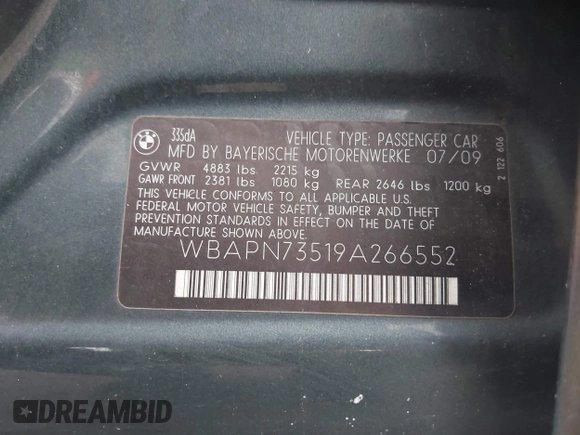 2009 BMW 3 Series 335d with VIN WBAPN73519A266552, listed as a IAAI auction lot 42827733 with 230,194 mi miles and . Bid and sale history available at DreamBid. Image 9.