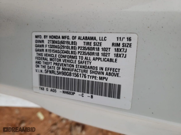 2016 Honda Odyssey Touring Elite with VIN 5FNRL5H90GB156176, listed as a Copart auction lot 86155644 with 154,749 mi miles and Salvage Title. Bid and sale history available at carsss.com. Image 15.
