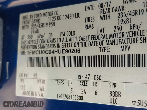 2017 Ford Escape SE with VIN 1FMCU0G94HUE90206, listed as a IAAI auction lot 42069904 with 86,883 mi miles. Bid and sale history available at carsss.com. Image 9.