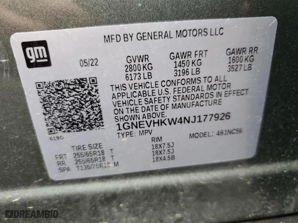 2022 Chevrolet Traverse LT Leather with VIN 1GNEVHKW4NJ177926, listed as a Copart auction lot 48199255 with 35,579 mi miles and Salvage Title. Bid and sale history available at carsss.com. Image 13.