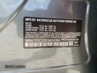 2019 BMW 7 Series 750i with VIN WBA7F0C53KGM24364, listed as a Copart auction lot 53947725 with 71,022 mi miles and Salvage Title. Bid and sale history available at carsss.com. Image 12.