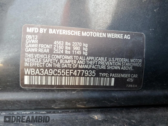2014 BMW 3 Series 335i with VIN WBA3A9C55EF477935, listed as a Copart auction lot 41755545 with 122,830 mi miles and Non Repairable. Bid and sale history available at carsss.com. Image 13.