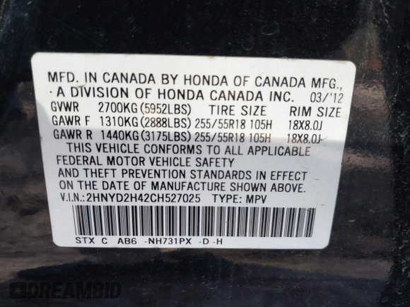 2012 Acura MDX Tech/Entertainment Pkg with VIN 2HNYD2H42CH527025, listed as a IAAI auction lot 41642926 with 140,876 mi miles. Bid and sale history available at carsss.com. Image 9.