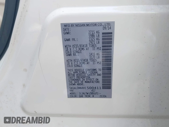 2015 Infiniti QX60 with VIN 5N1AL0MN4FC500411, listed as a IAAI auction lot 41877149 with 118,306 mi miles and . Bid and sale history available at DreamBid. Image 9.