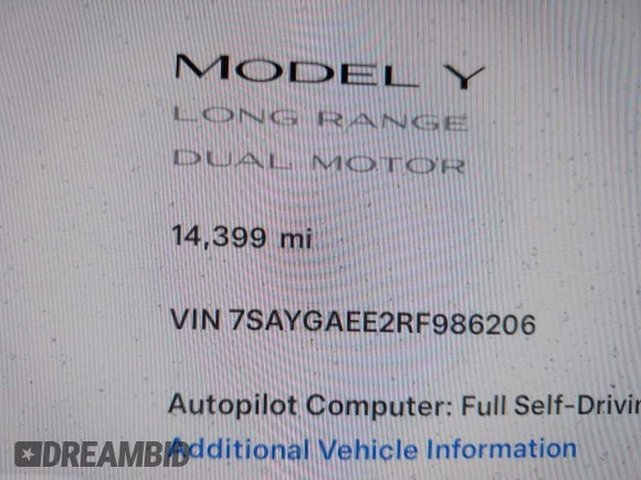 2024 Tesla Model Y Long Range with VIN 7SAYGAEE2RF986206, listed as a IAAI auction lot 42177852 with 14,399 mi miles and . Bid and sale history available at DreamBid. Image 14.