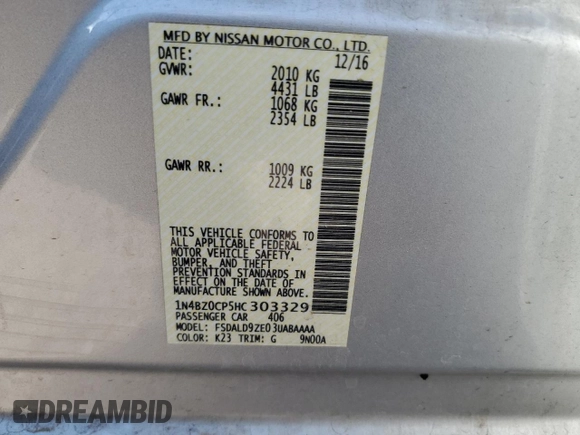 2017 Nissan LEAF SL with VIN 1N4BZ0CP5HC303329, listed as a Copart auction lot 66319194 with 84,142 mi miles and Salvage Title. Bid and sale history available at carsss.com. Image 12.