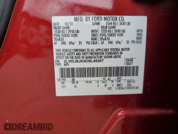 2013 Lincoln MKX with VIN 2LMDJ8JK5DBL49267, listed as a Copart auction lot 46171475 with 86,284 mi miles and Salvage Title. Bid and sale history available at carsss.com. Image 13.