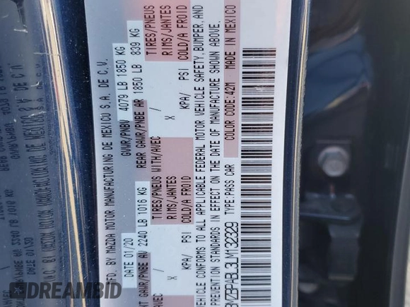 2020 Mazda 3 z VIN 3MZBPABL3LM132329, wystawiony jako Copart lot #47140585 z przebiegiem 65 014 mil mil oraz Szkoda całkowita • Salvage title. Historia ofert i sprzedaży dostępna na DreamBid. Obrazek 12.