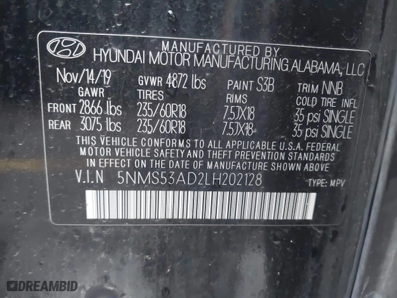 2020 Hyundai Santa Fe Limited with VIN 5NMS53AD2LH202128, listed as a IAAI auction lot 41261017 with 43,600 mi miles. Bid and sale history available at carsss.com. Image 9.