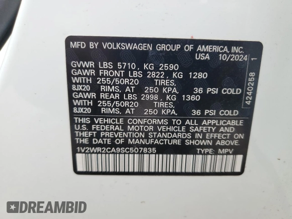 2025 Volkswagen Atlas SE z VIN 1V2WR2CA9SC507835, wystawiony jako Copart lot #59081875 z przebiegiem 11 456 mil mil oraz Czysty tytuł • Clean title. Historia ofert i sprzedaży dostępna na DreamBid. Obrazek 13.