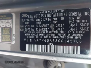 2016 Kia Sorento LX with VIN 5XYPGDA33GG145760, listed as a IAAI auction lot 41138936 with 156,010 mi miles. Bid and sale history available at carsss.com. Image 9.