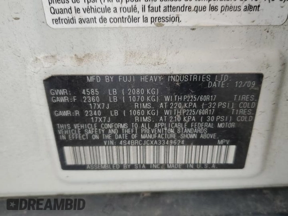 2010 Subaru Outback Limited с VIN 4S4BRCJCXA3349624, выставлен на аукционе Copart как лот 65847794 с пробегом 116 652 миль миль и Списание • Salvage title. История ставок и продаж доступна на DreamBid. Изображение 12.