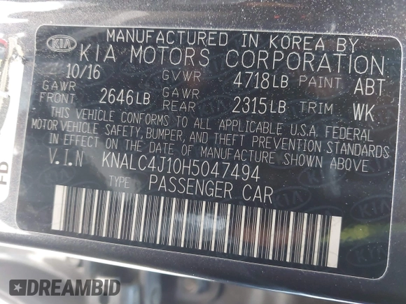 2017 Kia Cadenza Technology z VIN KNALC4J10H5047494, wystawiony jako IAAI lot #42149845 z przebiegiem 82 385 mil mil oraz . Historia ofert i sprzedaży dostępna na DreamBid. Obrazek 9.