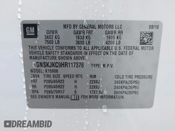 2017 Chevrolet Suburban Premier z VIN 1GNSKJKC9HR117378, wystawiony jako IAAI lot #41610682 z przebiegiem Nie podano mil oraz . Historia ofert i sprzedaży dostępna na DreamBid. Obrazek 9.