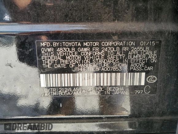2015 Lexus GS 350 with VIN JTHBE1BL8FA007853, listed as a Copart auction lot 49053555 with 114,231 mi miles and Salvage title. Bid and sale history available at DreamBid. Image 12.