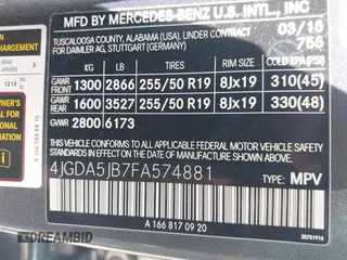 2015 Mercedes-Benz M 350 with VIN 4JGDA5JB7FA574881, listed as a IAAI auction lot 42246279 with 160,196 mi miles and . Bid and sale history available at DreamBid. Image 9.