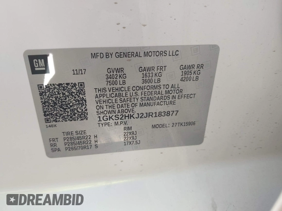 2018 GMC Yukon XL Denali with VIN 1GKS2HKJ2JR183877, listed as a IAAI auction lot 41652039 with 123,075 mi miles. Bid and sale history available at carsss.com. Image 9.