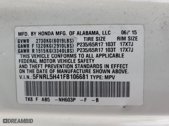 2015 Honda Odyssey EX with VIN 5FNRL5H41FB106681, listed as a Copart auction lot 52771175 with 191,092 mi miles and Salvage Title. Bid and sale history available at carsss.com. Image 13.