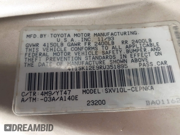 1994 Toyota Camry LE with VIN 4T1SK12E9RU351895, listed as a IAAI auction lot 41239573 with 184,866 mi miles. Bid and sale history available at carsss.com. Image 9.