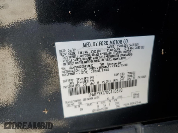 2013 Ford Taurus SHO z VIN 1FAHP2KT7DG133620, wystawiony jako Copart lot #54219005 z przebiegiem Nie podano mil oraz Szkoda całkowita • Salvage title. Historia ofert i sprzedaży dostępna na DreamBid. Obrazek 12.