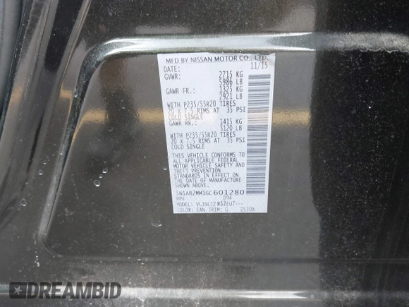 2016 Nissan Pathfinder Platinum with VIN 5N1AR2MM1GC601280, listed as a IAAI auction lot 42169483 with 179,332 mi miles. Bid and sale history available at carsss.com. Image 9.